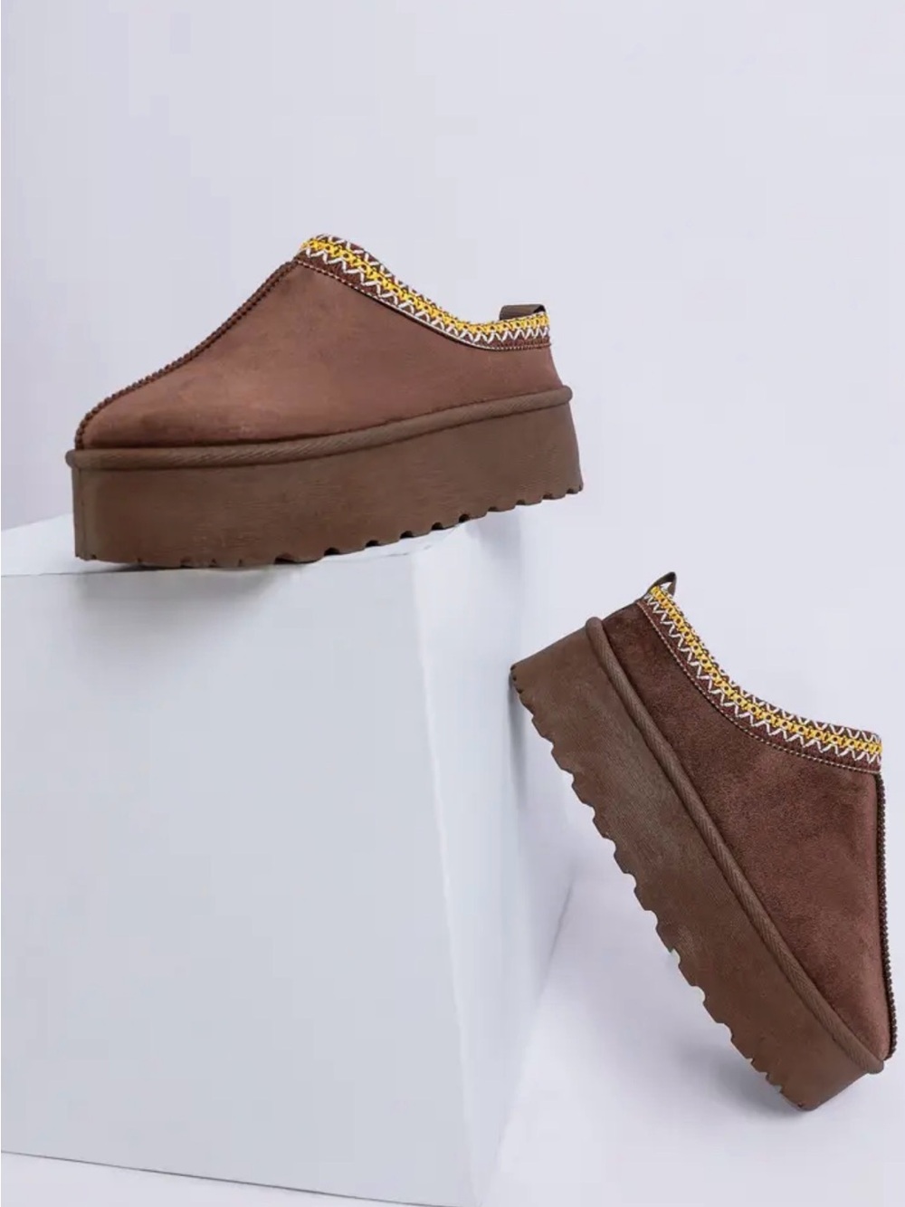 Brown Platform Mule Clogs with Yellow Patterned Trim